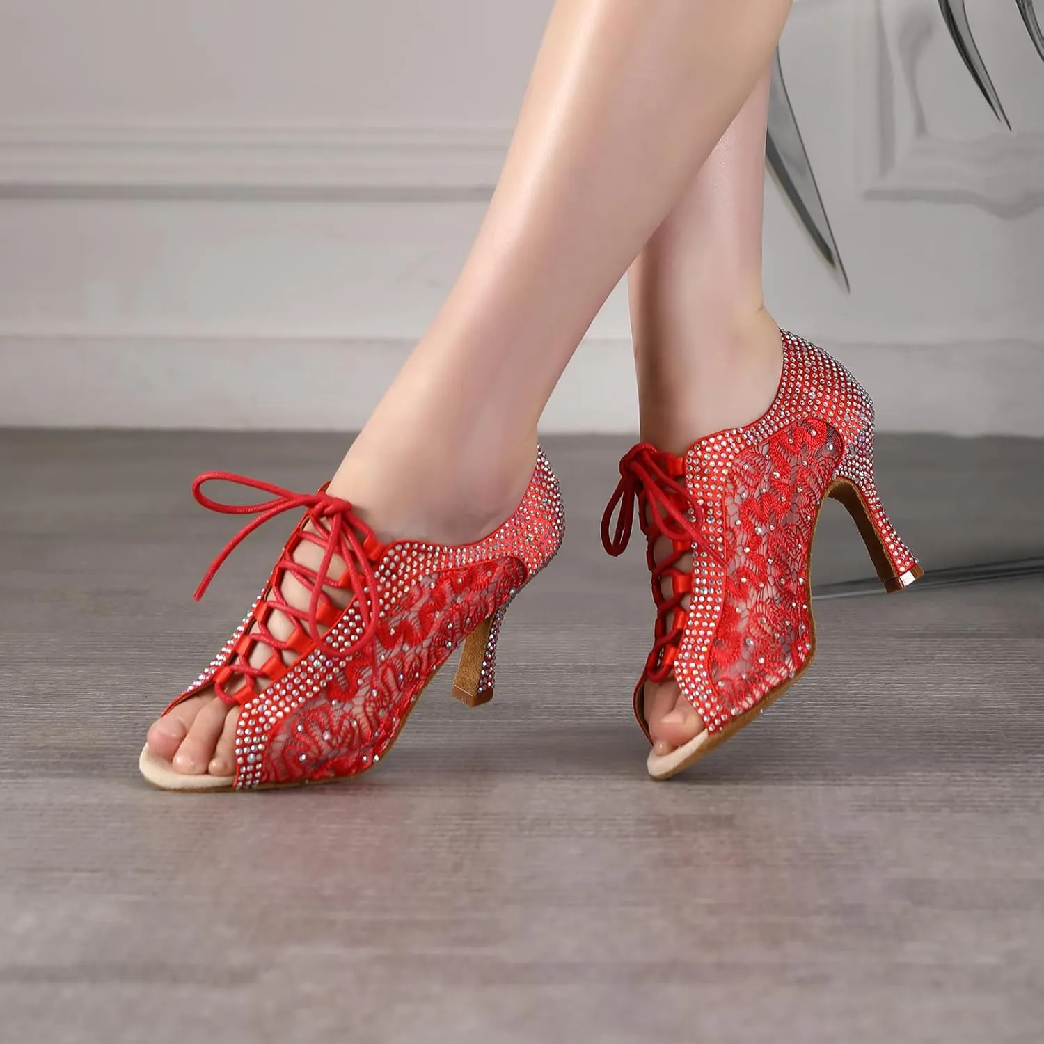 Women's Rhinestone Dance Shoes Ankle Boots Glitter Lace up Open Toe Ballroom Latin Salsa Tango Wedding Party, Model X064