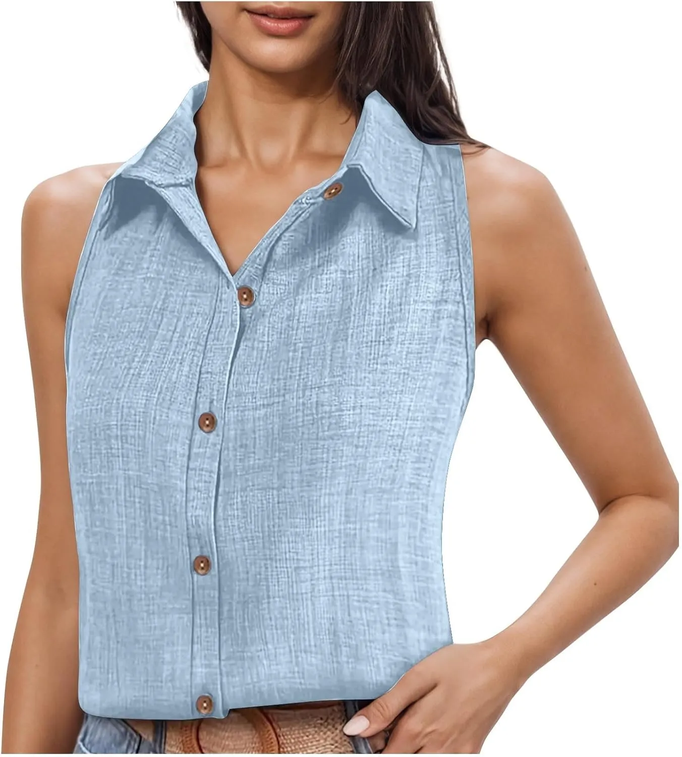 Womens Sleeveless Linen Collared Shirts V Neck Bsiness Casual Blouses Summer Work Shirt Dressy Button Down Tank Tops