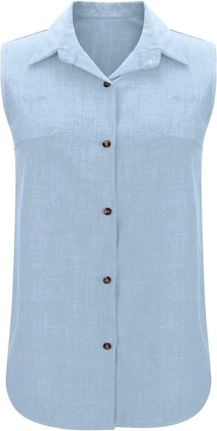 Womens Sleeveless Linen Collared Shirts V Neck Bsiness Casual Blouses Summer Work Shirt Dressy Button Down Tank Tops