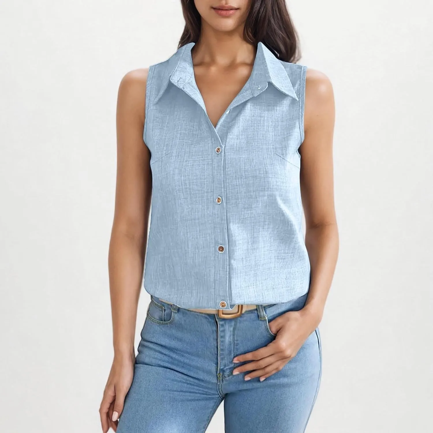 Womens Sleeveless Linen Collared Shirts V Neck Bsiness Casual Blouses Summer Work Shirt Dressy Button Down Tank Tops