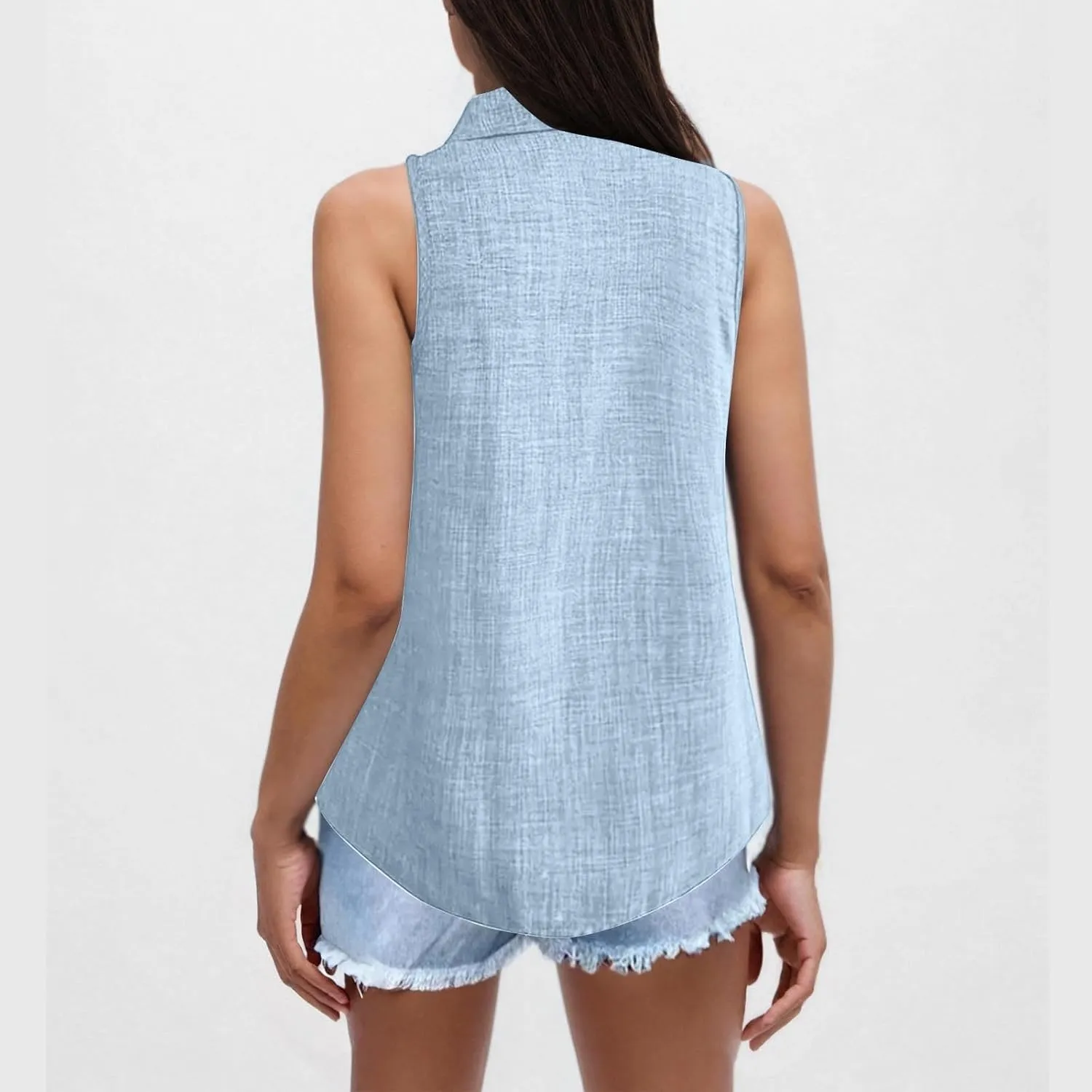 Womens Sleeveless Linen Collared Shirts V Neck Bsiness Casual Blouses Summer Work Shirt Dressy Button Down Tank Tops