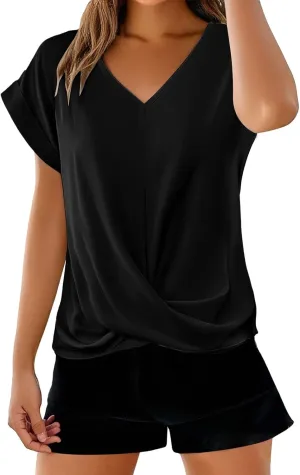 Womens Solid Color Tops Elegant Twist Knot Shirts Short Sleeve V Neck Blouses 2025 Casual Summer Outfits Fashion