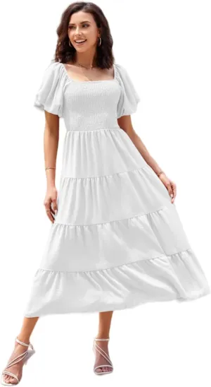 Women's Summer Boho Casual Dresses Square Neck Puff Sleeve Backless Smocked Ruffle Swing Maxi Dress