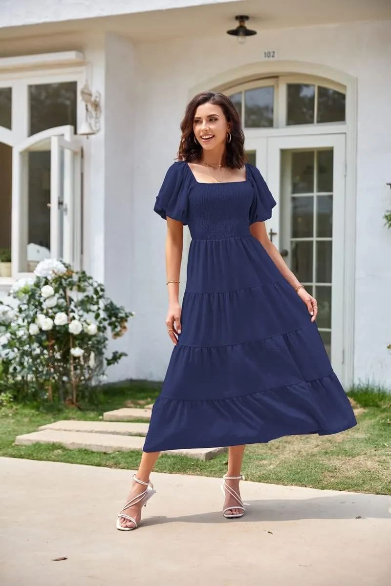 Women's Summer Boho Casual Dresses Square Neck Puff Sleeve Backless Smocked Ruffle Swing Maxi Dress