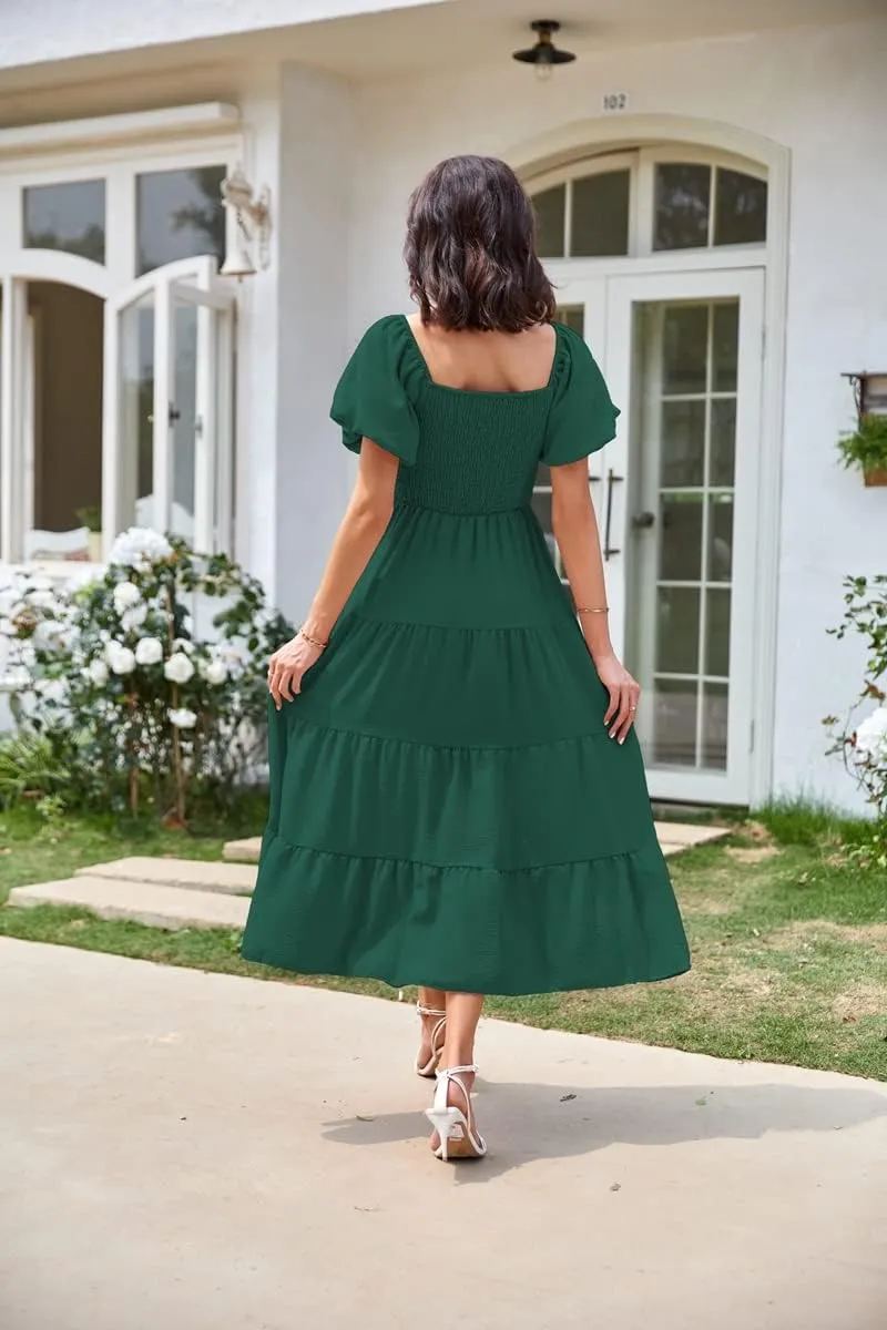 Women's Summer Boho Casual Dresses Square Neck Puff Sleeve Backless Smocked Ruffle Swing Maxi Dress