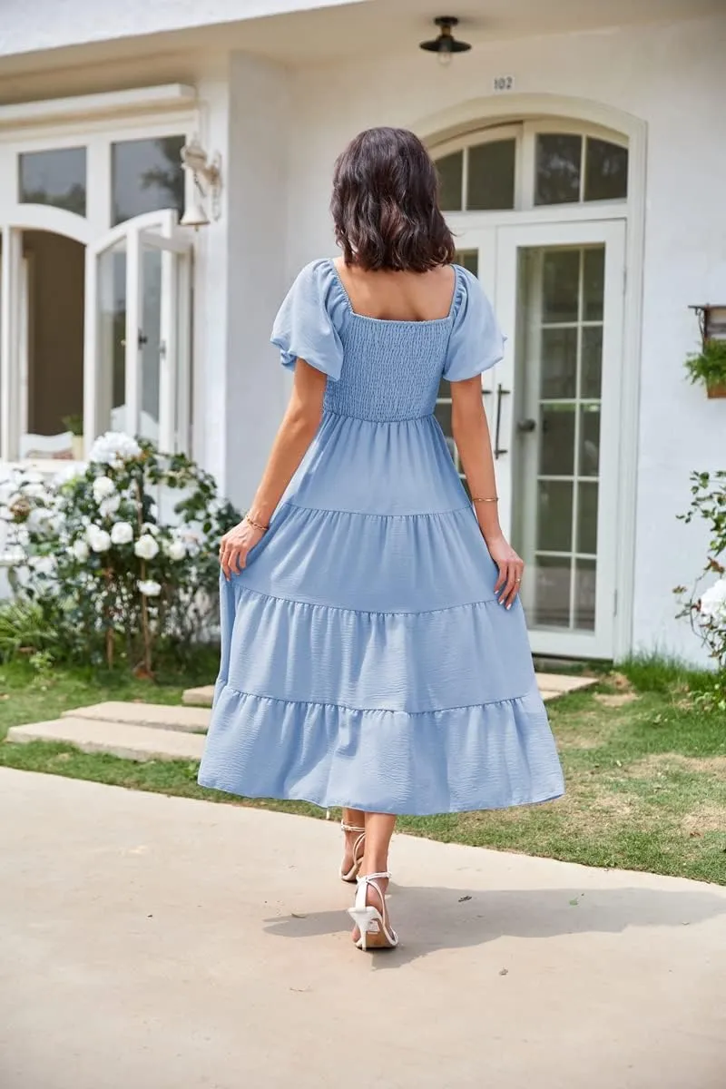Women's Summer Boho Casual Dresses Square Neck Puff Sleeve Backless Smocked Ruffle Swing Maxi Dress