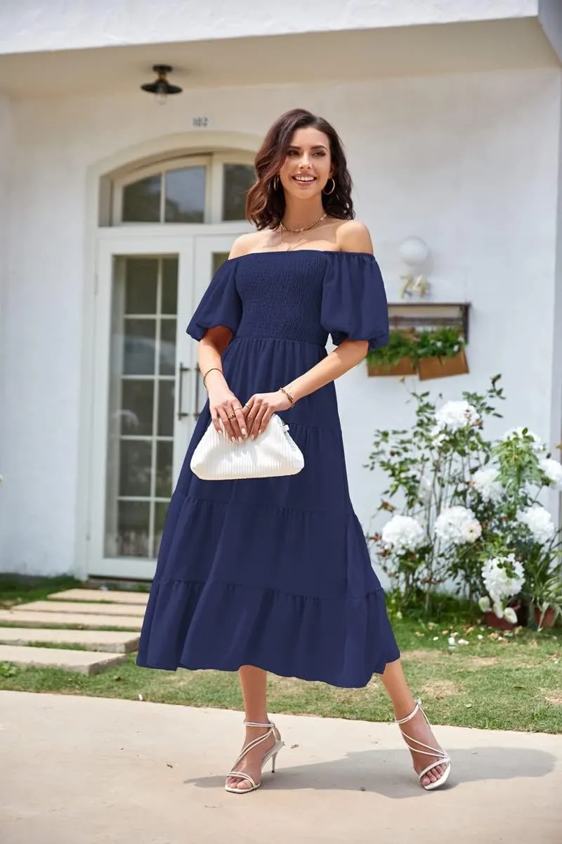 Women's Summer Boho Casual Dresses Square Neck Puff Sleeve Backless Smocked Ruffle Swing Maxi Dress