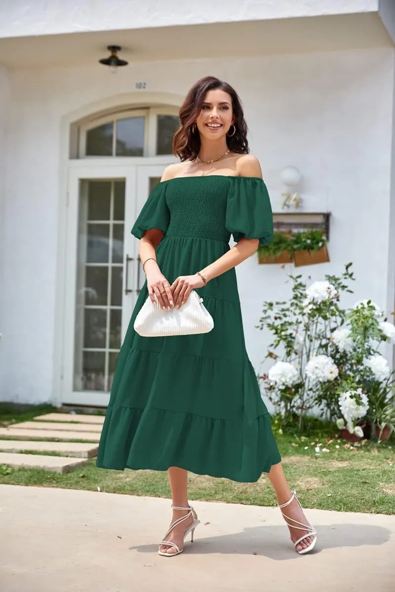 Women's Summer Boho Casual Dresses Square Neck Puff Sleeve Backless Smocked Ruffle Swing Maxi Dress