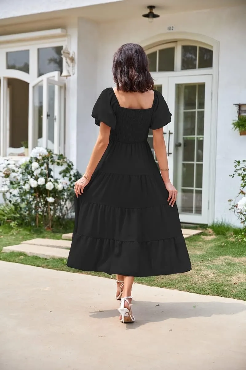 Women's Summer Boho Casual Dresses Square Neck Puff Sleeve Backless Smocked Ruffle Swing Maxi Dress