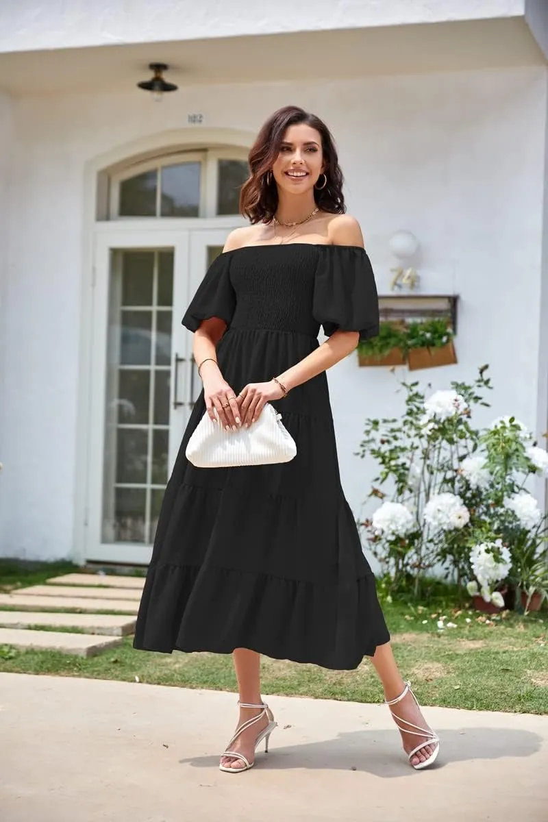 Women's Summer Boho Casual Dresses Square Neck Puff Sleeve Backless Smocked Ruffle Swing Maxi Dress