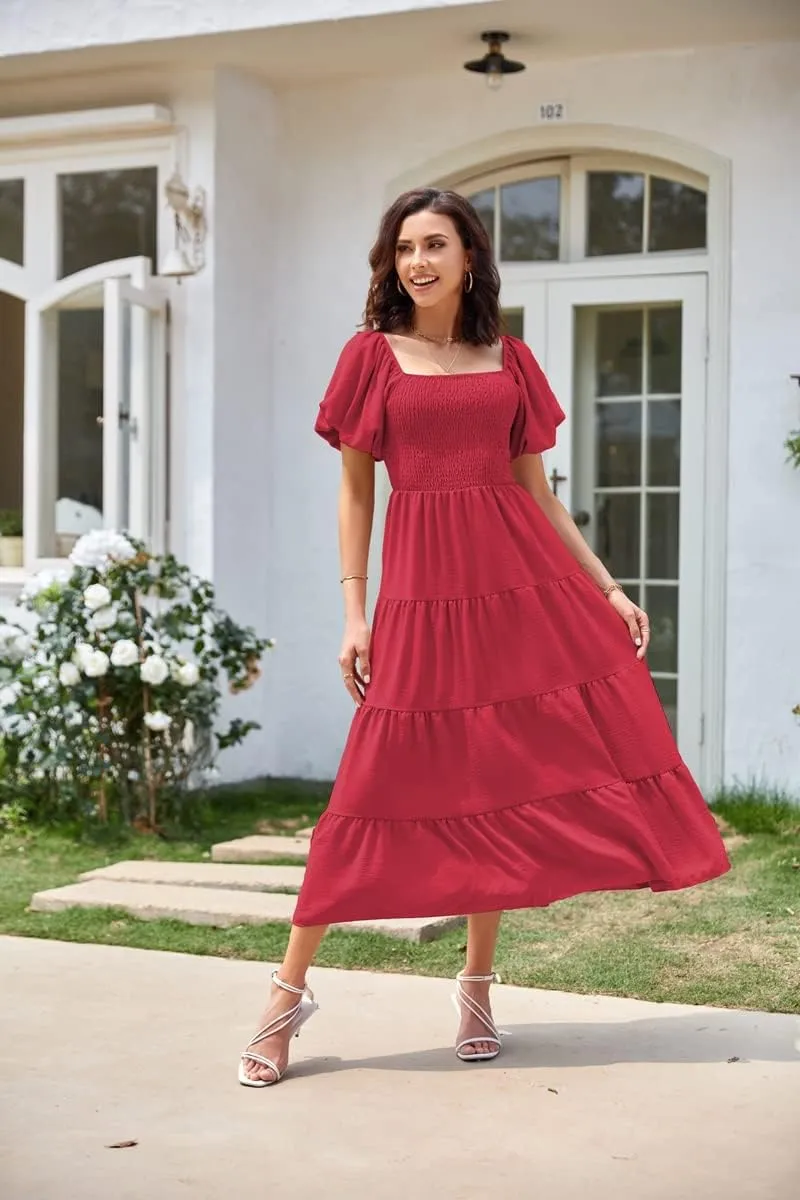 Women's Summer Boho Casual Dresses Square Neck Puff Sleeve Backless Smocked Ruffle Swing Maxi Dress