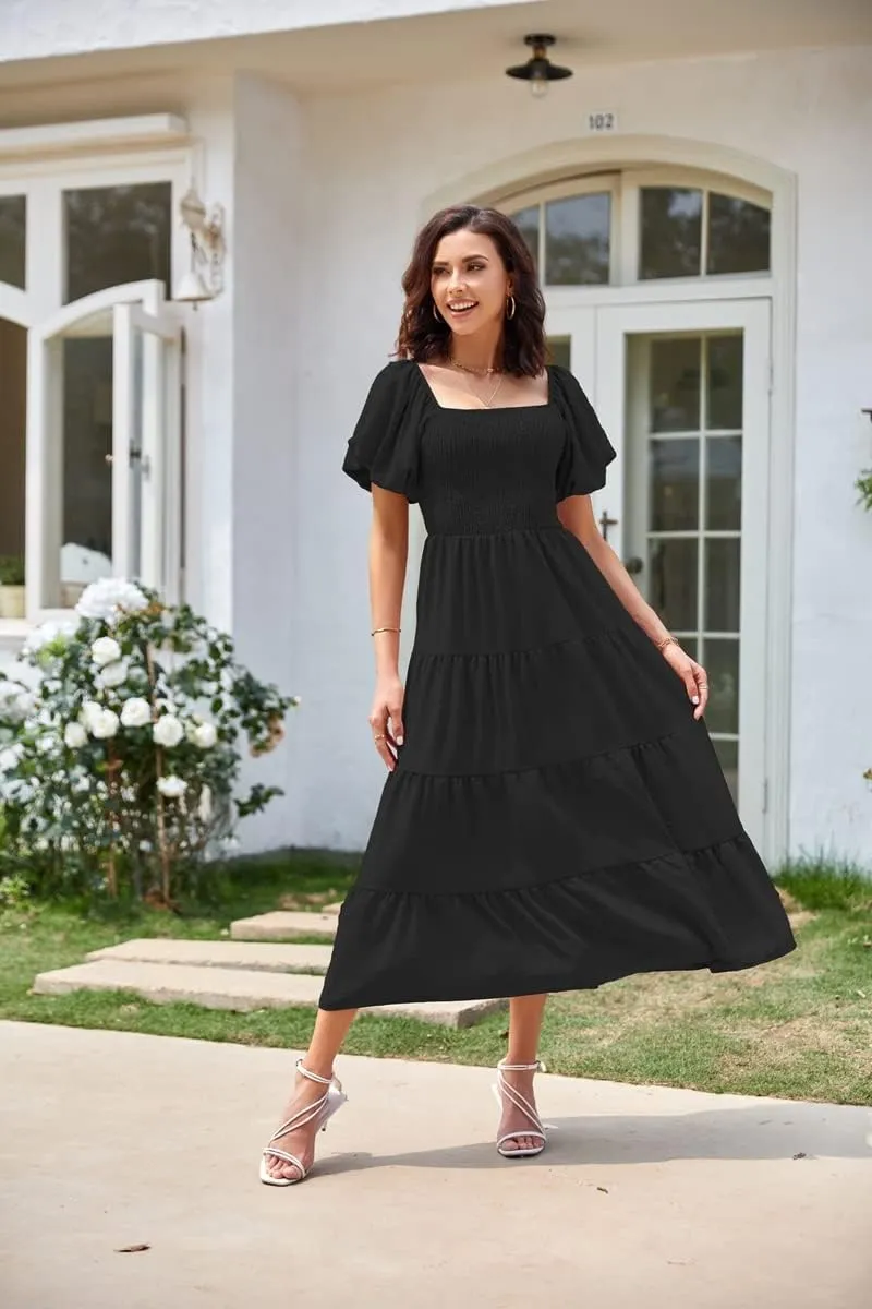 Women's Summer Boho Casual Dresses Square Neck Puff Sleeve Backless Smocked Ruffle Swing Maxi Dress