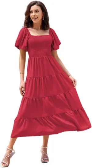 Women's Summer Boho Casual Dresses Square Neck Puff Sleeve Backless Smocked Ruffle Swing Maxi Dress