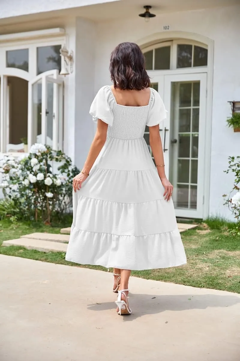 Women's Summer Boho Casual Dresses Square Neck Puff Sleeve Backless Smocked Ruffle Swing Maxi Dress
