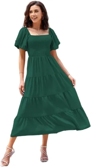 Women's Summer Boho Casual Dresses Square Neck Puff Sleeve Backless Smocked Ruffle Swing Maxi Dress