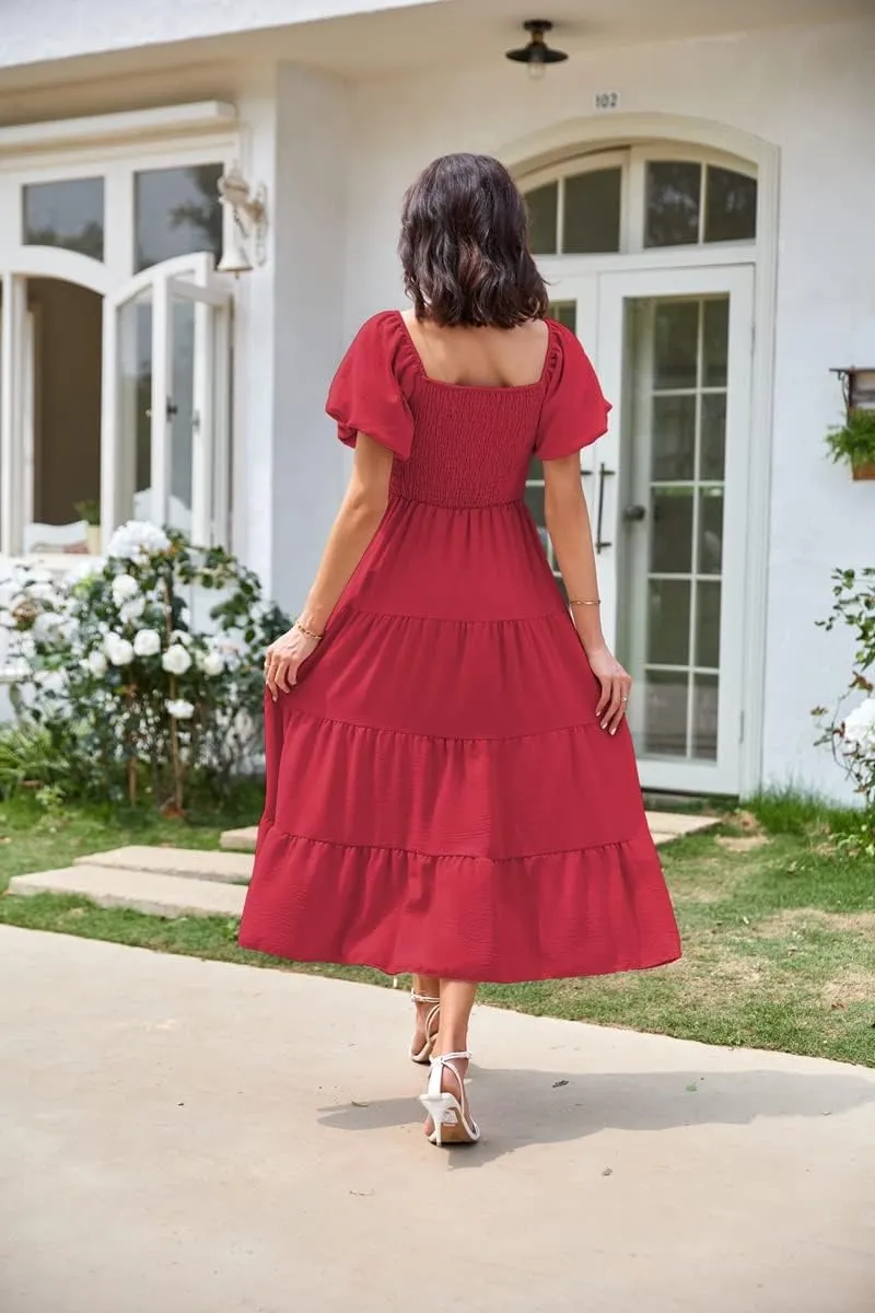 Women's Summer Boho Casual Dresses Square Neck Puff Sleeve Backless Smocked Ruffle Swing Maxi Dress