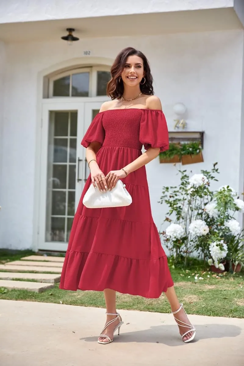 Women's Summer Boho Casual Dresses Square Neck Puff Sleeve Backless Smocked Ruffle Swing Maxi Dress