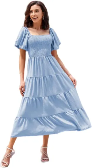Women's Summer Boho Casual Dresses Square Neck Puff Sleeve Backless Smocked Ruffle Swing Maxi Dress