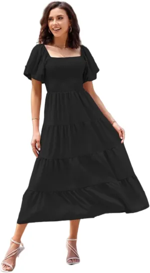 Women's Summer Boho Casual Dresses Square Neck Puff Sleeve Backless Smocked Ruffle Swing Maxi Dress
