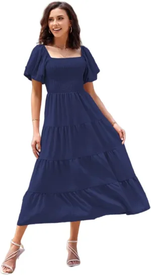 Women's Summer Boho Casual Dresses Square Neck Puff Sleeve Backless Smocked Ruffle Swing Maxi Dress