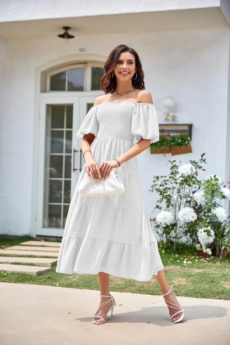 Women's Summer Boho Casual Dresses Square Neck Puff Sleeve Backless Smocked Ruffle Swing Maxi Dress