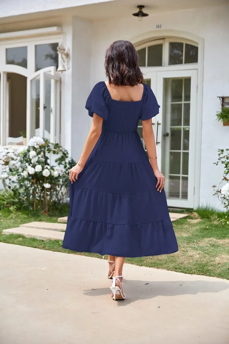 Women's Summer Boho Casual Dresses Square Neck Puff Sleeve Backless Smocked Ruffle Swing Maxi Dress