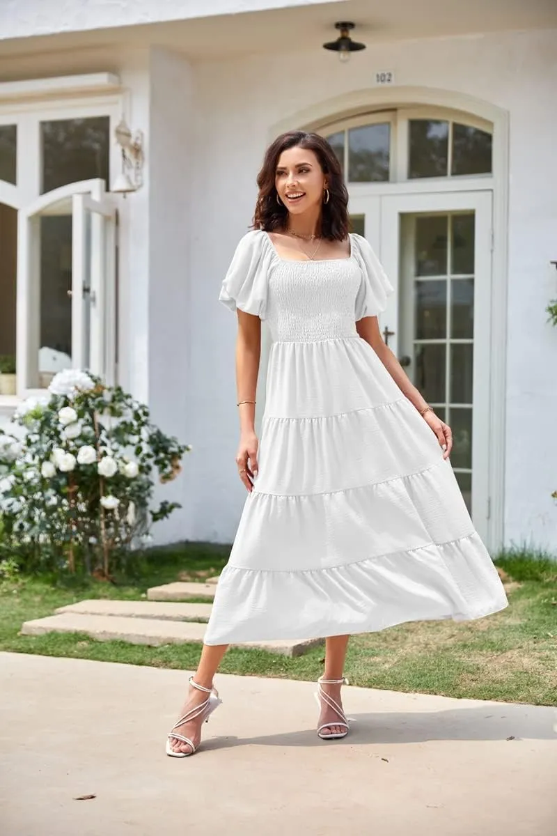 Women's Summer Boho Casual Dresses Square Neck Puff Sleeve Backless Smocked Ruffle Swing Maxi Dress
