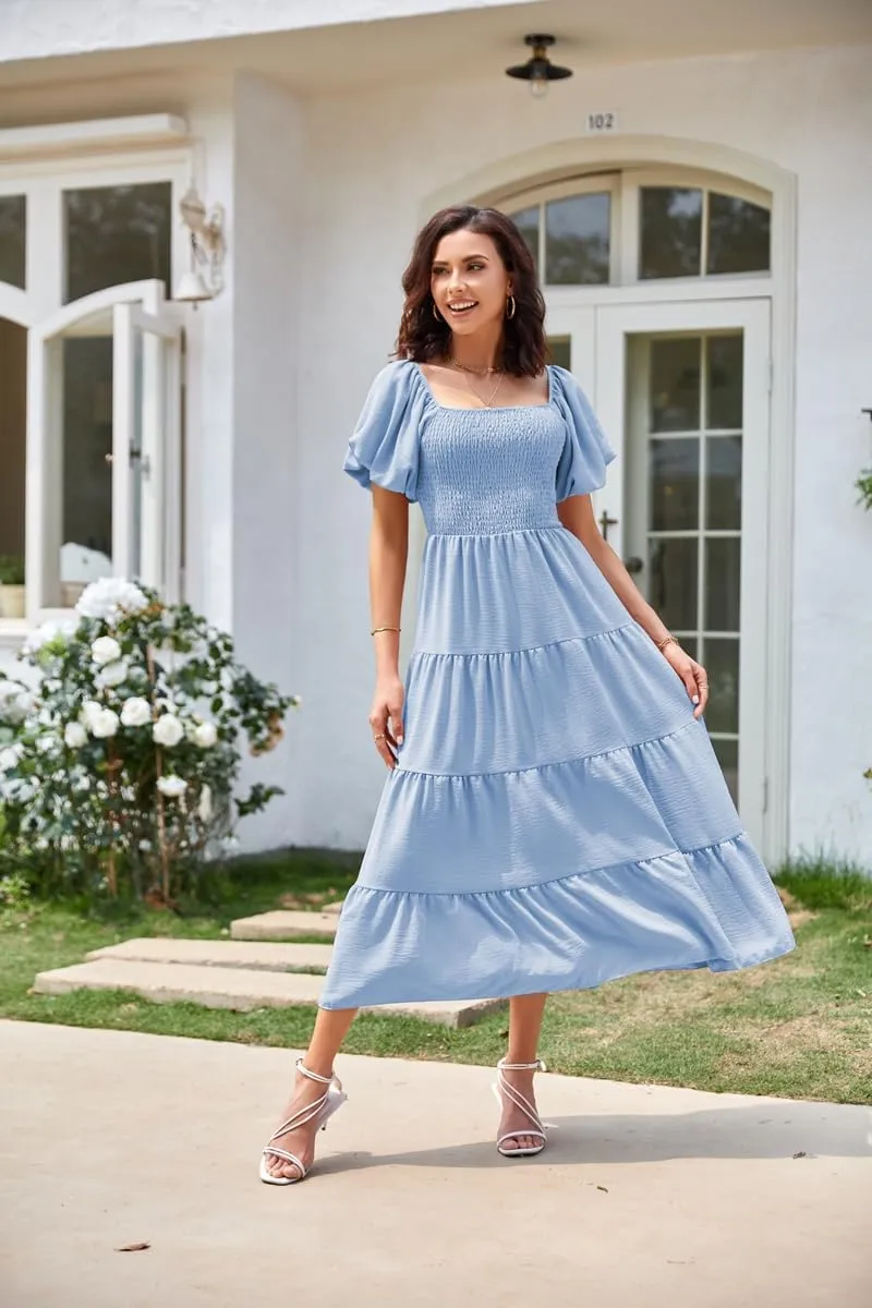 Women's Summer Boho Casual Dresses Square Neck Puff Sleeve Backless Smocked Ruffle Swing Maxi Dress