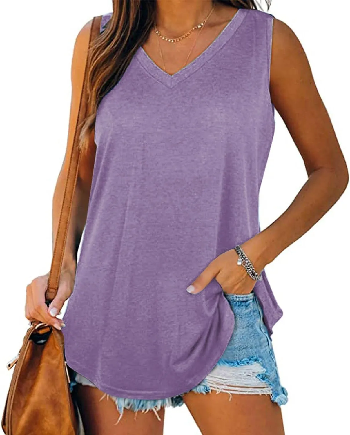 Womens V Neck Tank Tops Summer Sleeveless Curved Hem Casual Loose Fit Flowy Tees Blouses Fashion Solid T-Shirts