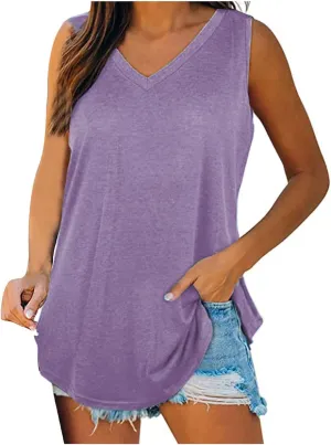 Womens V Neck Tank Tops Summer Sleeveless Curved Hem Casual Loose Fit Flowy Tees Blouses Fashion Solid T-Shirts