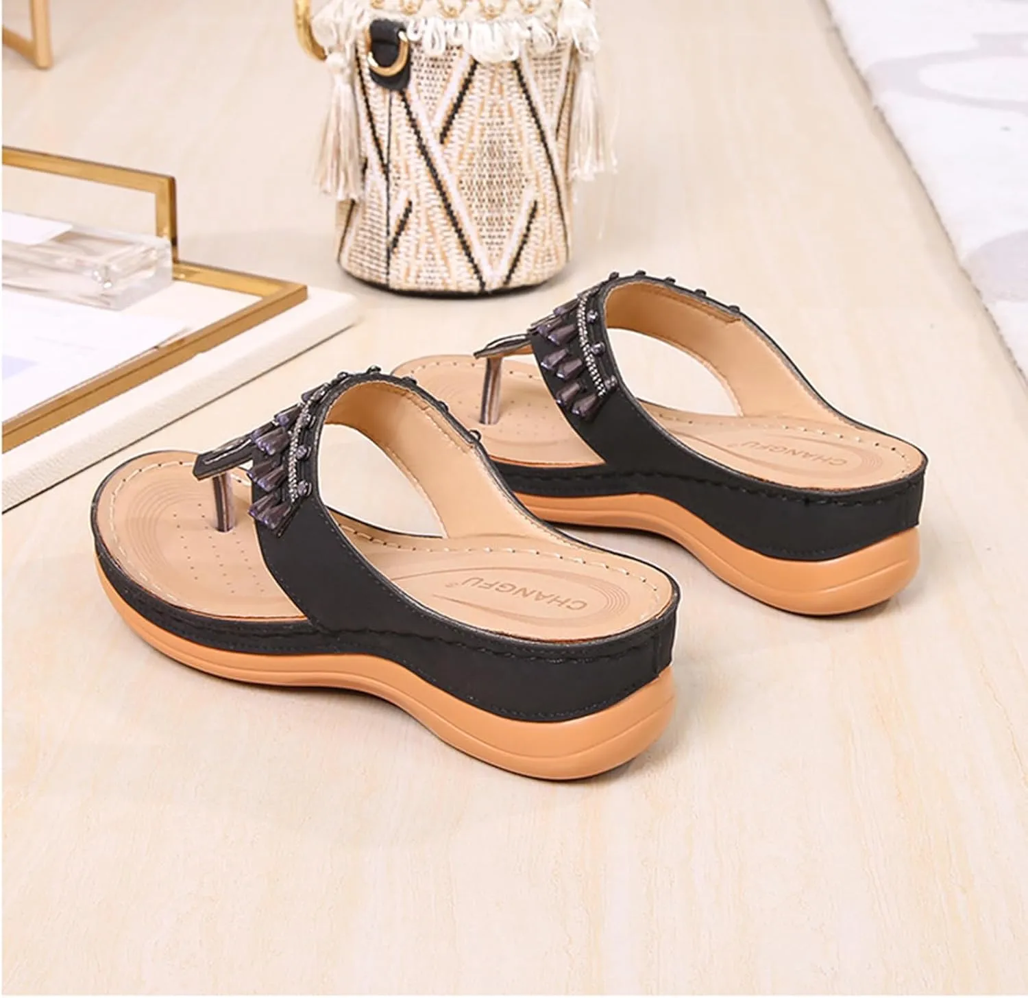 Womens Wedge Sandals Dressy Summer Comfortable Flip Flops with Arch Support Flower Hollow Thong Clip Toe Platform Sandals Shoes Lightweight Rhinestone Cushion Ladies Beach Shoes Slipper 2025