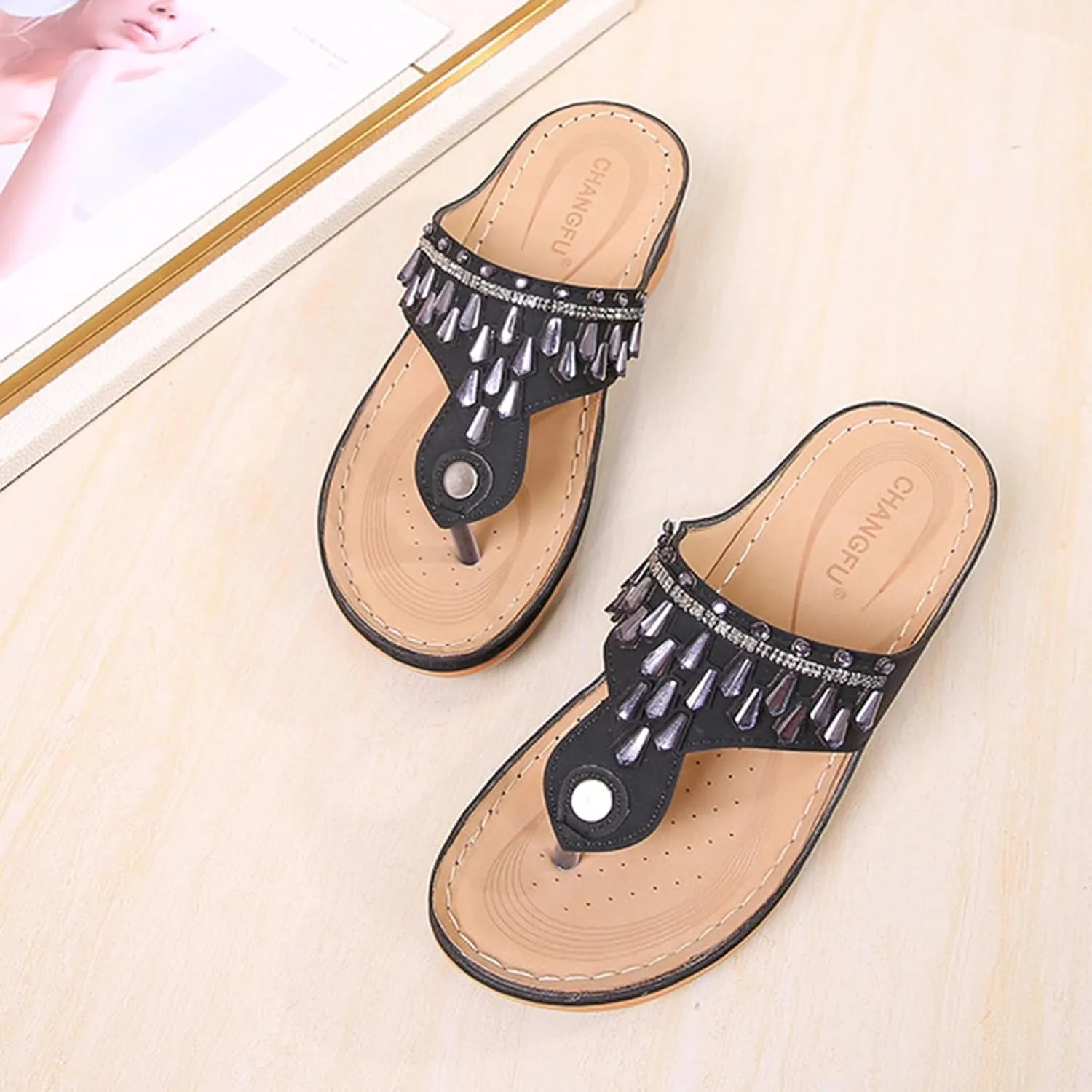Womens Wedge Sandals Dressy Summer Comfortable Flip Flops with Arch Support Flower Hollow Thong Clip Toe Platform Sandals Shoes Lightweight Rhinestone Cushion Ladies Beach Shoes Slipper 2025