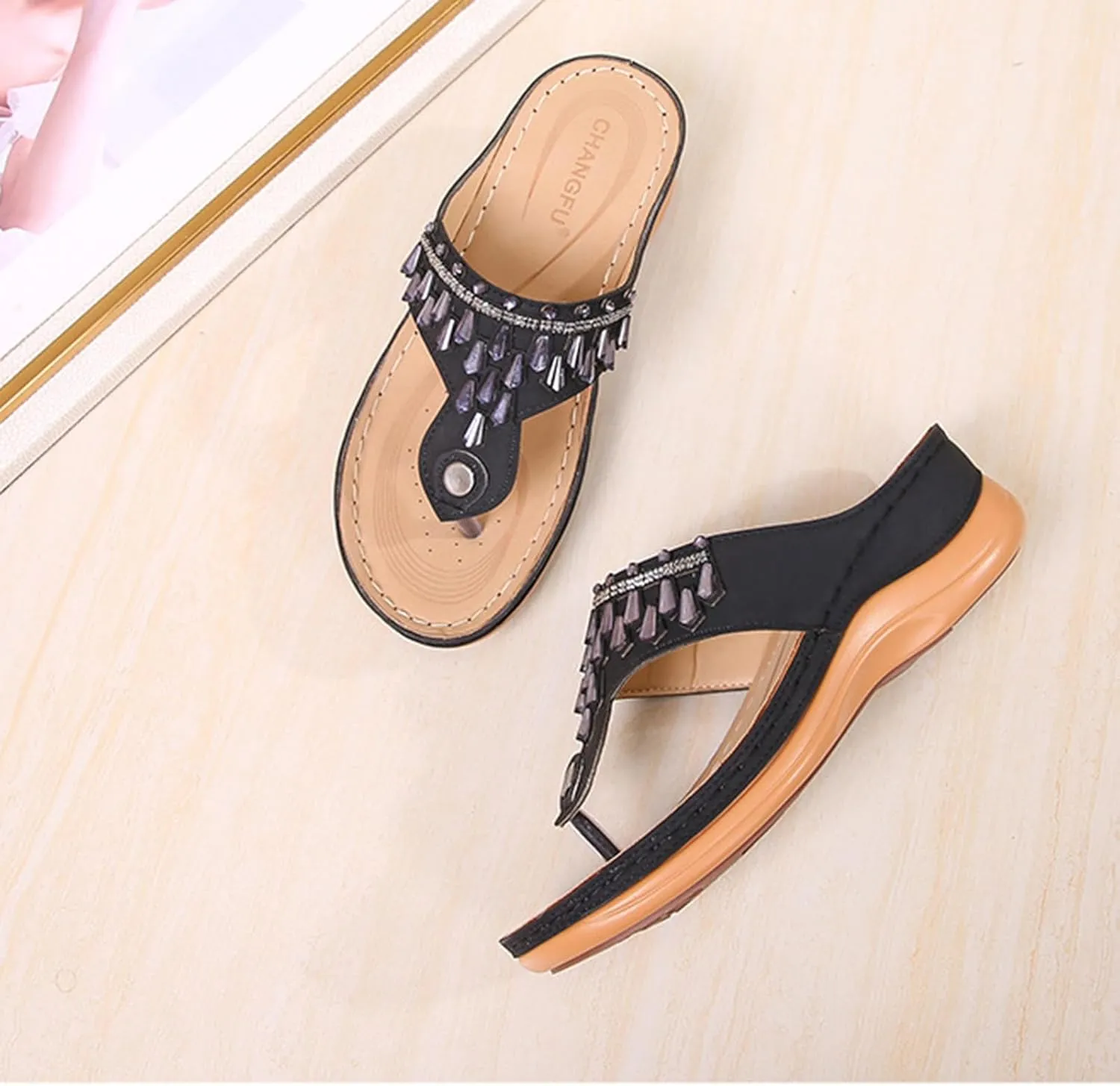 Womens Wedge Sandals Dressy Summer Comfortable Flip Flops with Arch Support Flower Hollow Thong Clip Toe Platform Sandals Shoes Lightweight Rhinestone Cushion Ladies Beach Shoes Slipper 2025