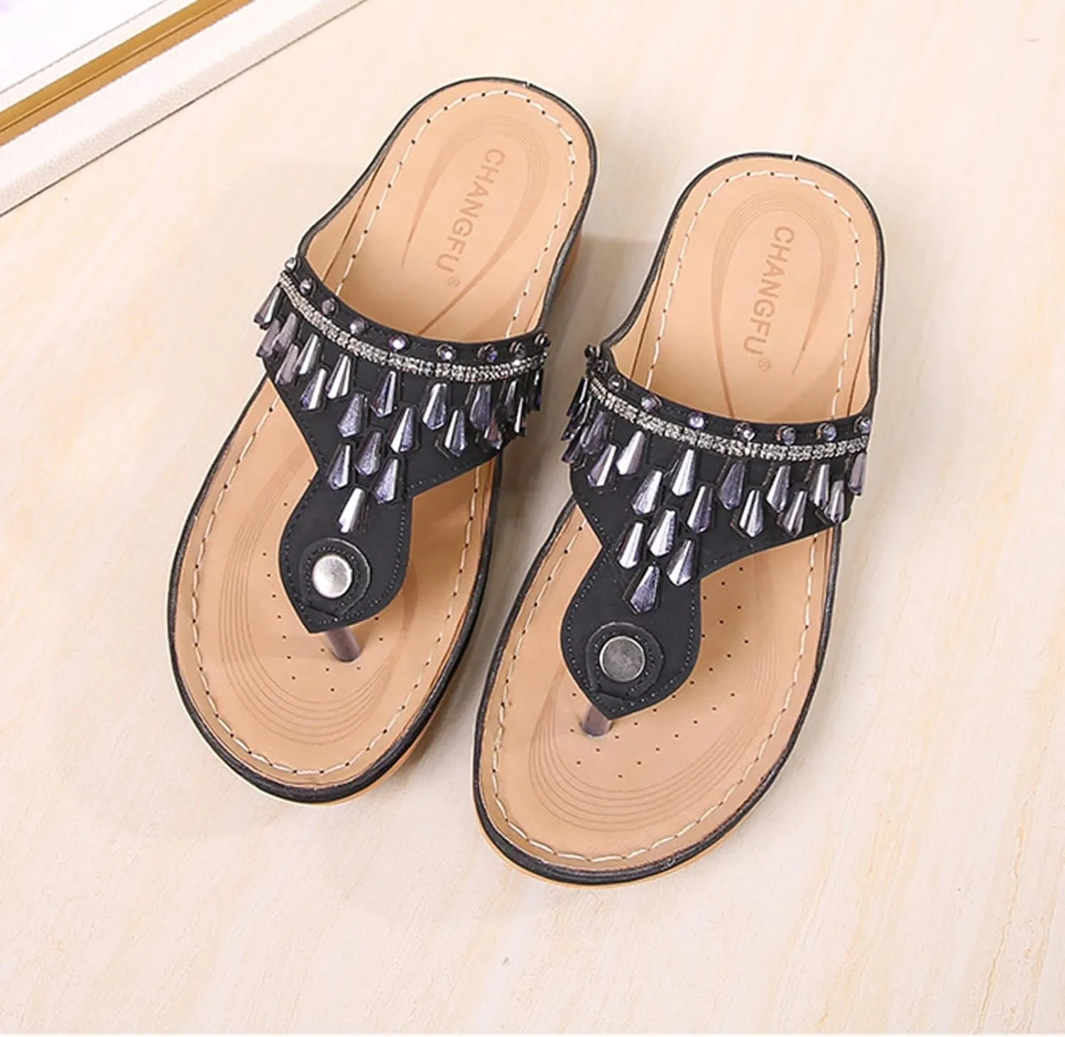 Womens Wedge Sandals Dressy Summer Comfortable Flip Flops with Arch Support Flower Hollow Thong Clip Toe Platform Sandals Shoes Lightweight Rhinestone Cushion Ladies Beach Shoes Slipper 2025