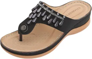 Womens Wedge Sandals Dressy Summer Comfortable Flip Flops with Arch Support Flower Hollow Thong Clip Toe Platform Sandals Shoes Lightweight Rhinestone Cushion Ladies Beach Shoes Slipper 2025