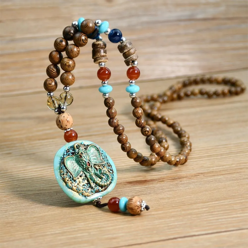 Wooden Beaded Necklaces Vintage Handmade Nepal Mala Wood Beads Meditation Prayer Necklace Ethnic Fish Horn Long Statement Necklace for Women Girl Jewelry