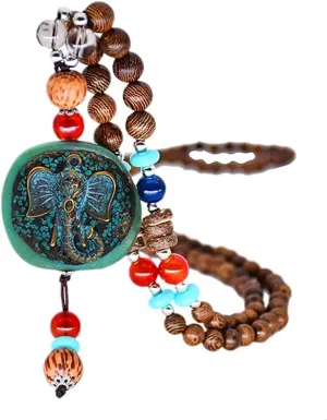 Wooden Beaded Necklaces Vintage Handmade Nepal Mala Wood Beads Meditation Prayer Necklace Ethnic Fish Horn Long Statement Necklace for Women Girl Jewelry