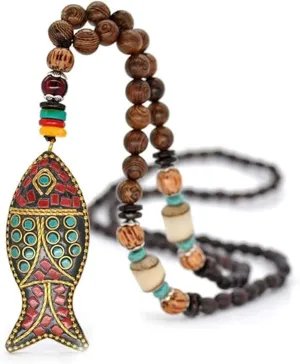 Wooden Beaded Necklaces Vintage Handmade Nepal Mala Wood Beads Meditation Prayer Necklace Ethnic Fish Horn Long Statement Necklace for Women Girl Jewelry