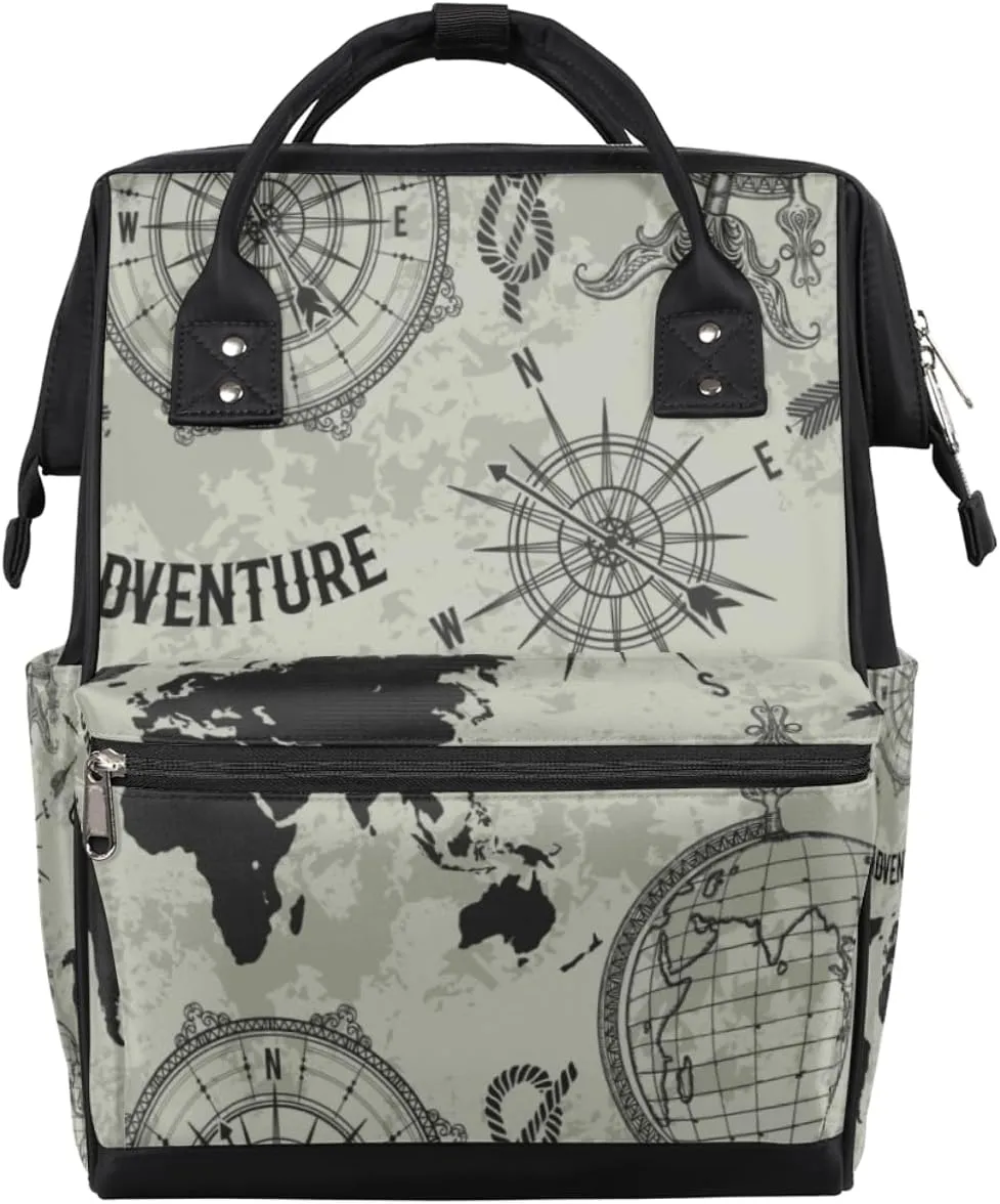 World Map Compass Diaper Bag Tote Large Capacity Waterproof with Adjustable Shoulder Strap and Pram Straps Mommy Bag for Hospital Beach Weekender Travel