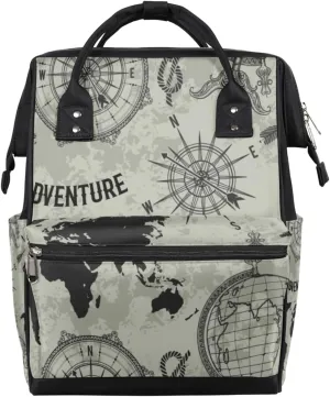World Map Compass Diaper Bag Tote Large Capacity Waterproof with Adjustable Shoulder Strap and Pram Straps Mommy Bag for Hospital Beach Weekender Travel