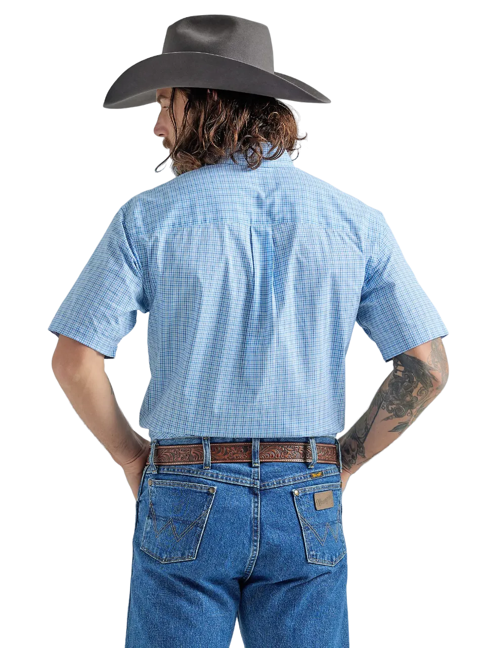 Wrangler Men's George Strait Short Sleeve Button Down Plaid Baby Blue Shirt