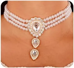 Xerling Bohemian Layered Pearl Choker Necklaces for Women Long Rhinestones Crystal Pendant Necklaces Faux Pearl Wrap Choker