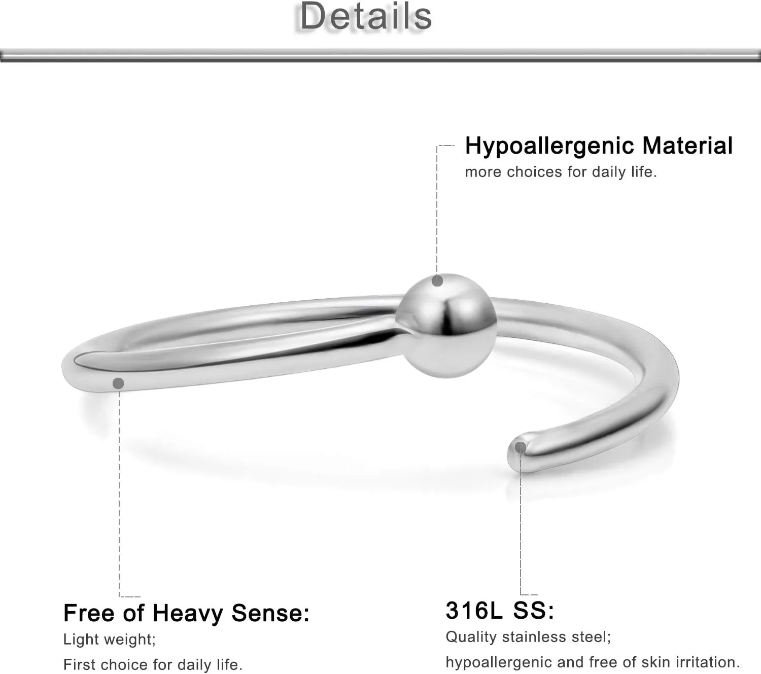 Yaalozei 22G Thin Nose Rings Hoops 316L Surgical Steel Captive Bead Septum Nose Hoop Rings Eyebrow Lip Rings Cartilage Helix Rook Daith Earring Piercing Jewelry For Men Women 8mm