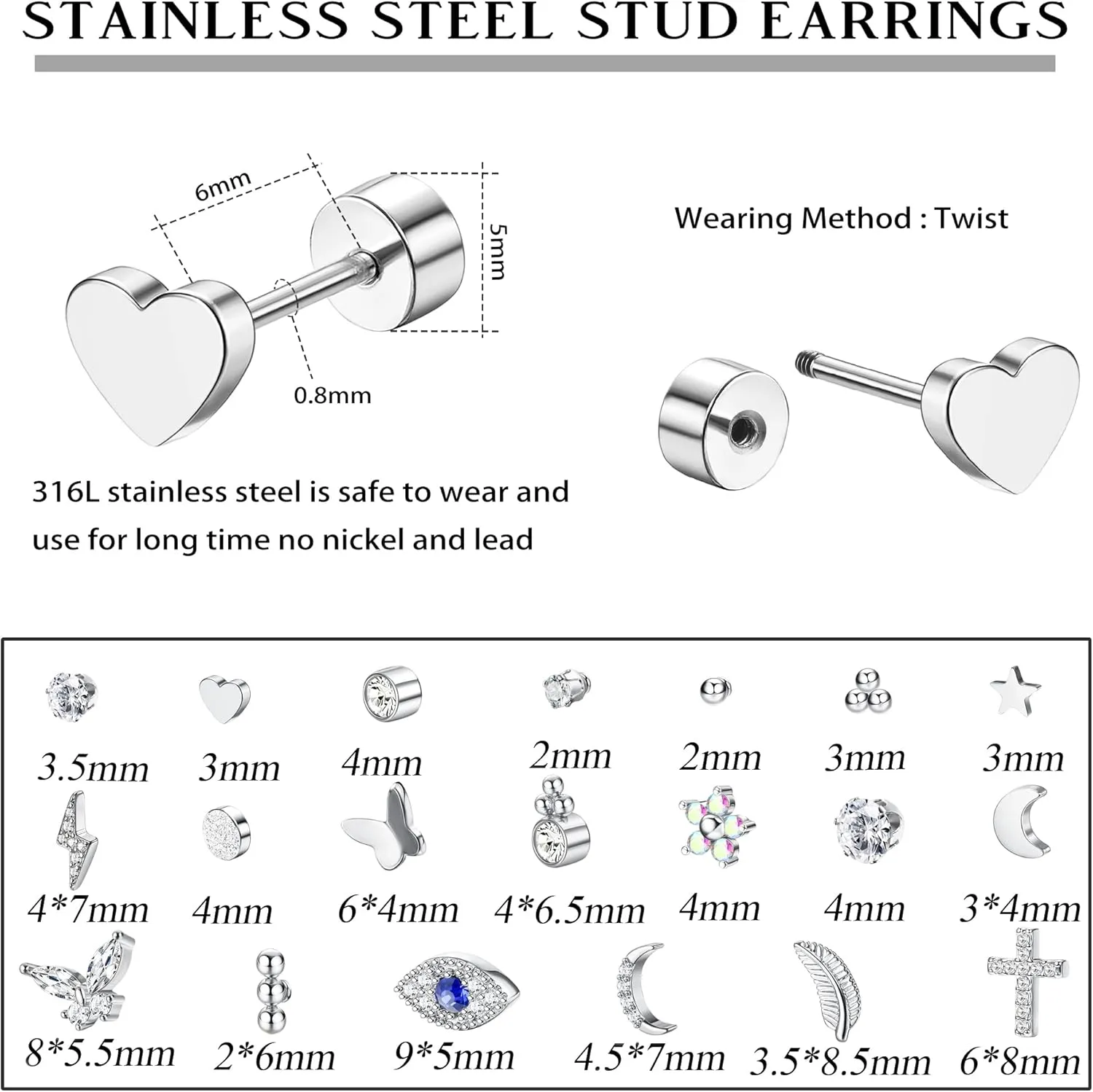 YADOCA 20Pcs Stainless Steel Flat Back Earrings for Women Men 20G Small Cartilage Stud Earrings Hypoallergenic CZ Butterfly Heart Eye Small Screw Back Earrings Set Multiple Piercing Jewelry