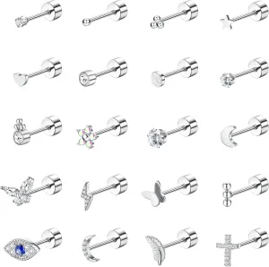 YADOCA 20Pcs Stainless Steel Flat Back Earrings for Women Men 20G Small Cartilage Stud Earrings Hypoallergenic CZ Butterfly Heart Eye Small Screw Back Earrings Set Multiple Piercing Jewelry