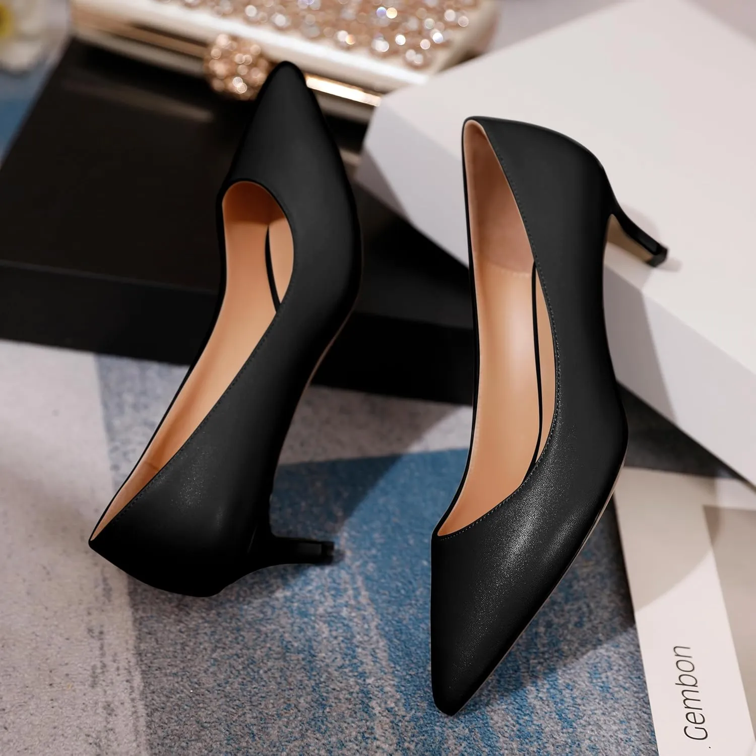 YODEKS Women's Pointed Toe Pumps 2" Kitten Middle Heel Chic Pumps Comfort Slip On Low Heel Dress Pumps Shoes