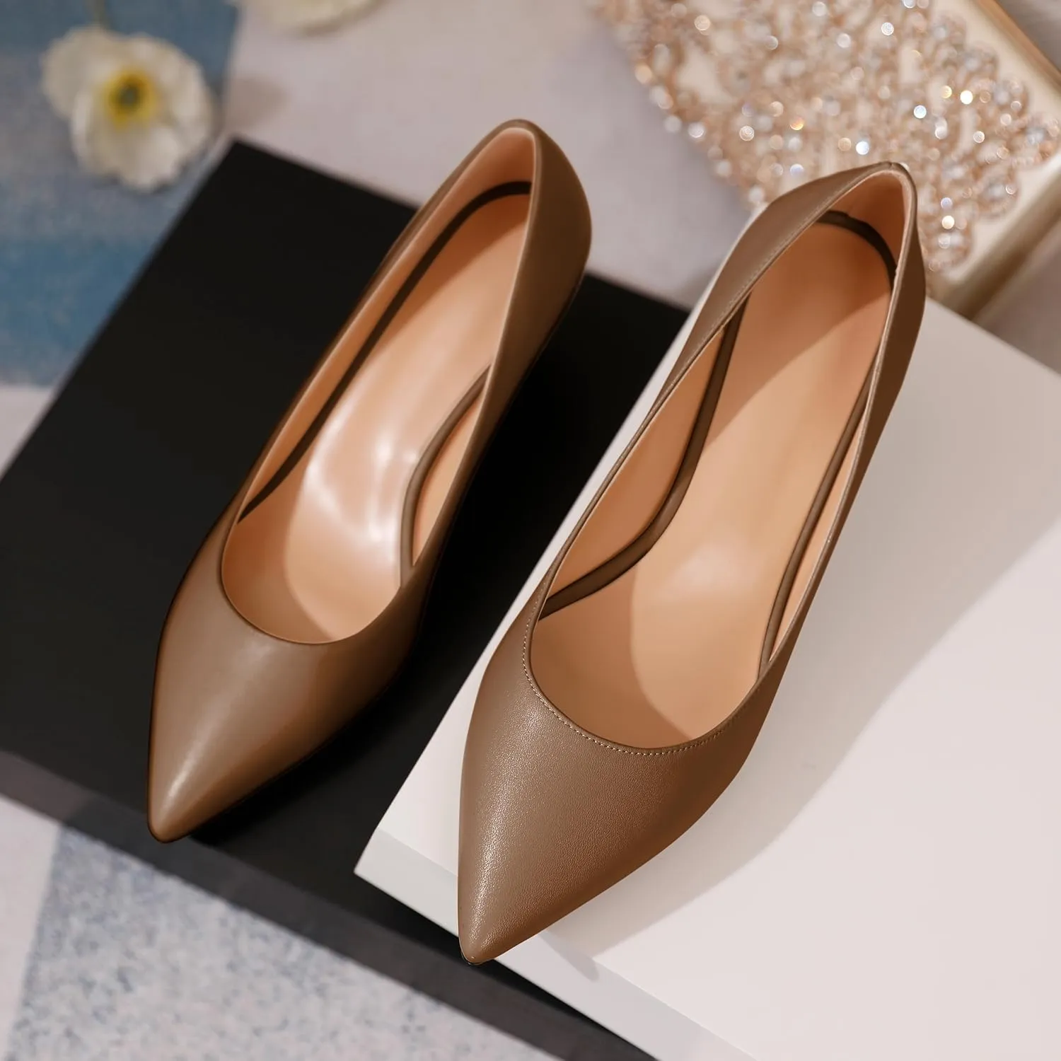 YODEKS Women's Pointed Toe Pumps 2" Kitten Middle Heel Chic Pumps Comfort Slip On Low Heel Dress Pumps Shoes