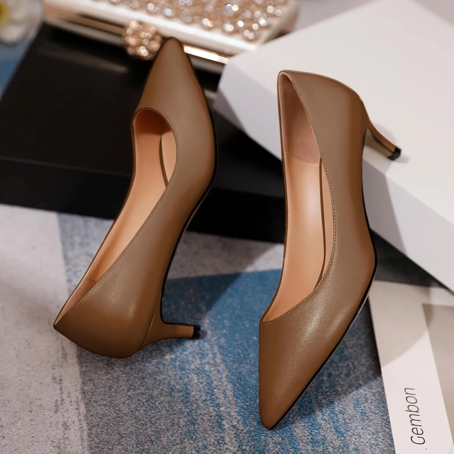 YODEKS Women's Pointed Toe Pumps 2" Kitten Middle Heel Chic Pumps Comfort Slip On Low Heel Dress Pumps Shoes