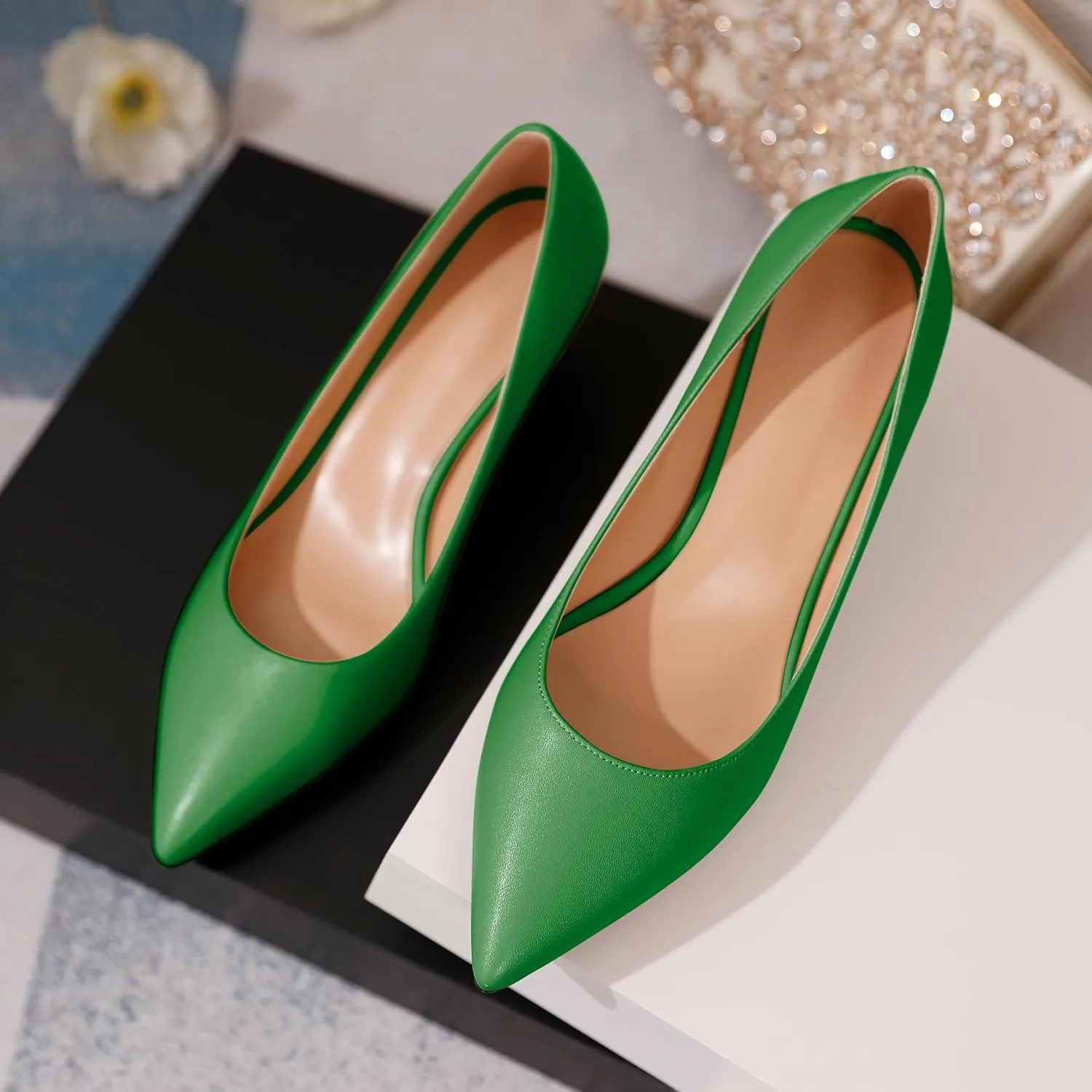 YODEKS Women's Pointed Toe Pumps 2" Kitten Middle Heel Chic Pumps Comfort Slip On Low Heel Dress Pumps Shoes