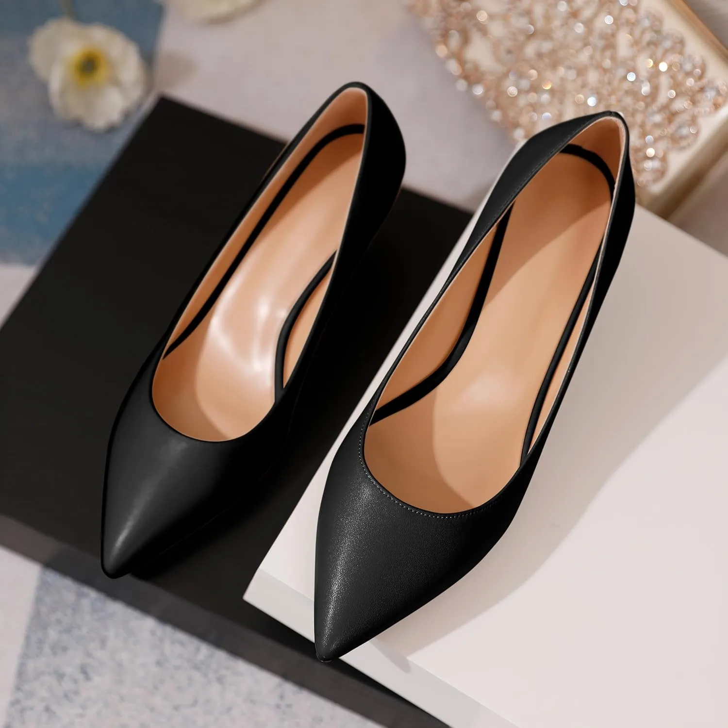 YODEKS Women's Pointed Toe Pumps 2" Kitten Middle Heel Chic Pumps Comfort Slip On Low Heel Dress Pumps Shoes